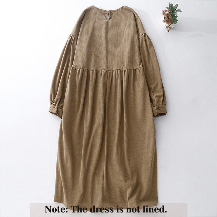 Buddha Stones Casual Tan Cotton Linen Corduroy Puff Long Sleeve Midi Dress - image 2