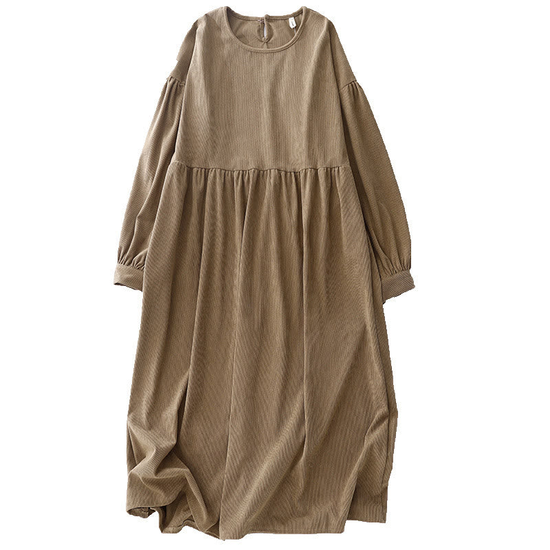 Buddha Stones Casual Tan Cotton Linen Corduroy Puff Long Sleeve Midi Dress - image 16