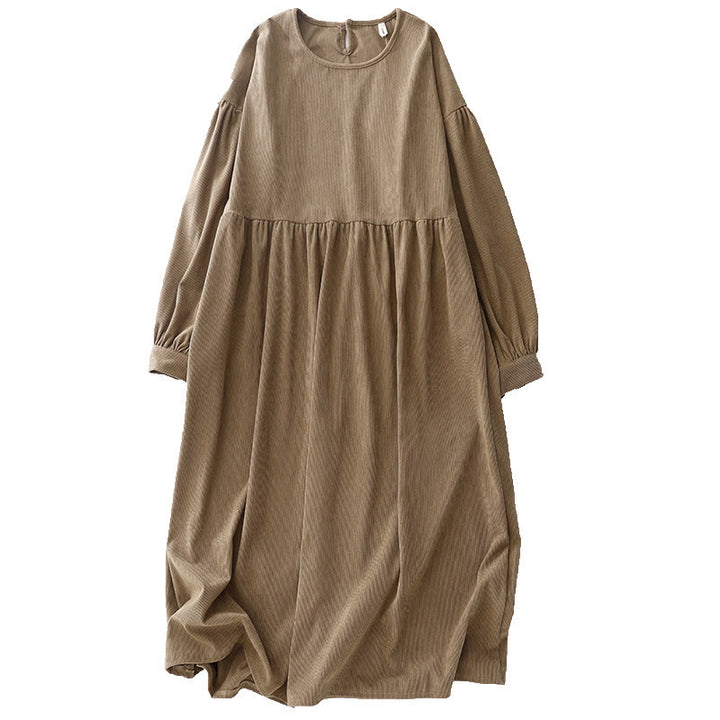 Buddha Stones Casual Tan Cotton Linen Corduroy Puff Long Sleeve Midi Dress - image 16