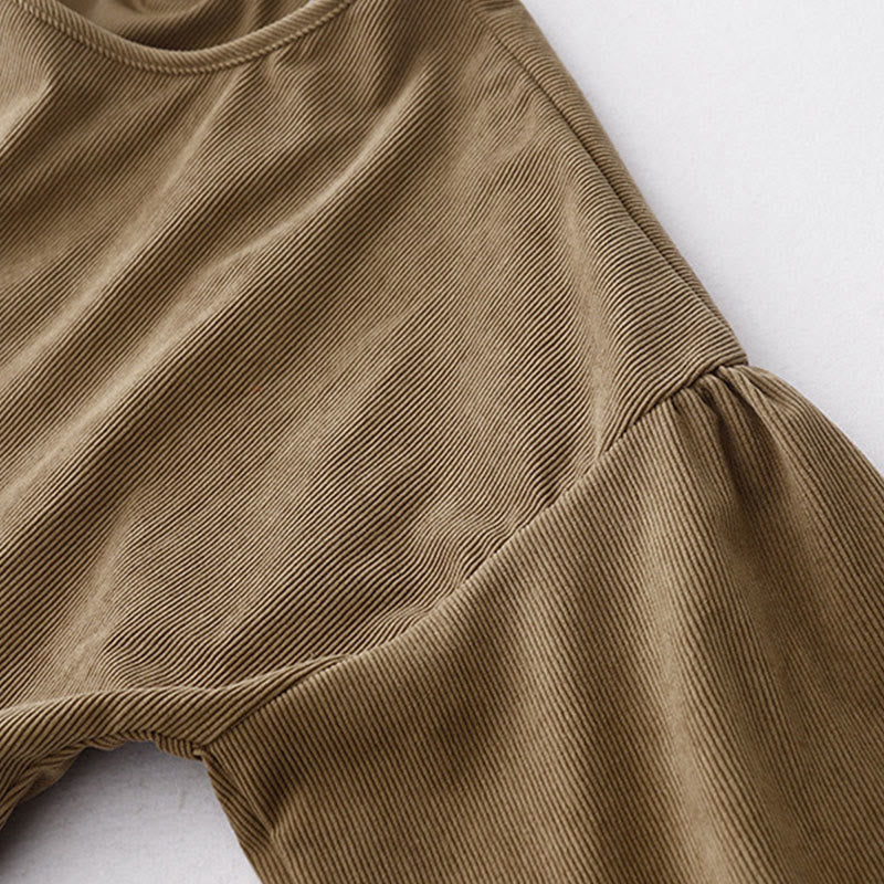 Buddha Stones Casual Tan Cotton Linen Corduroy Puff Long Sleeve Midi Dress - image 8