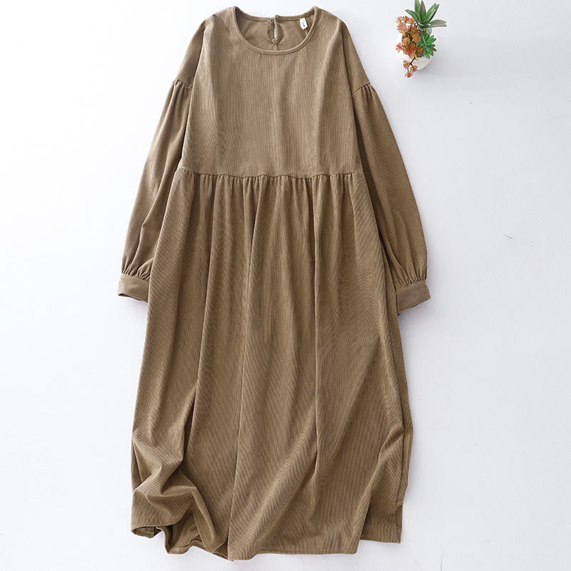 Buddha Stones Casual Tan Cotton Linen Corduroy Puff Long Sleeve Midi Dress - Tan - US8-10，UK/AU12-14，EU40-42 (2XL) - image 1