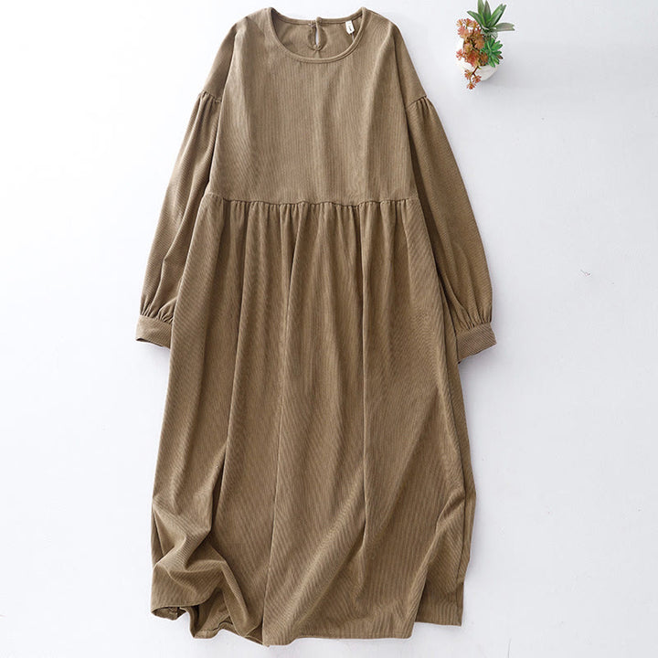 Buddha Stones Casual Tan Cotton Linen Corduroy Puff Long Sleeve Midi Dress - Tan - US8-10，UK/AU12-14，EU40-42 (2XL) - image 1