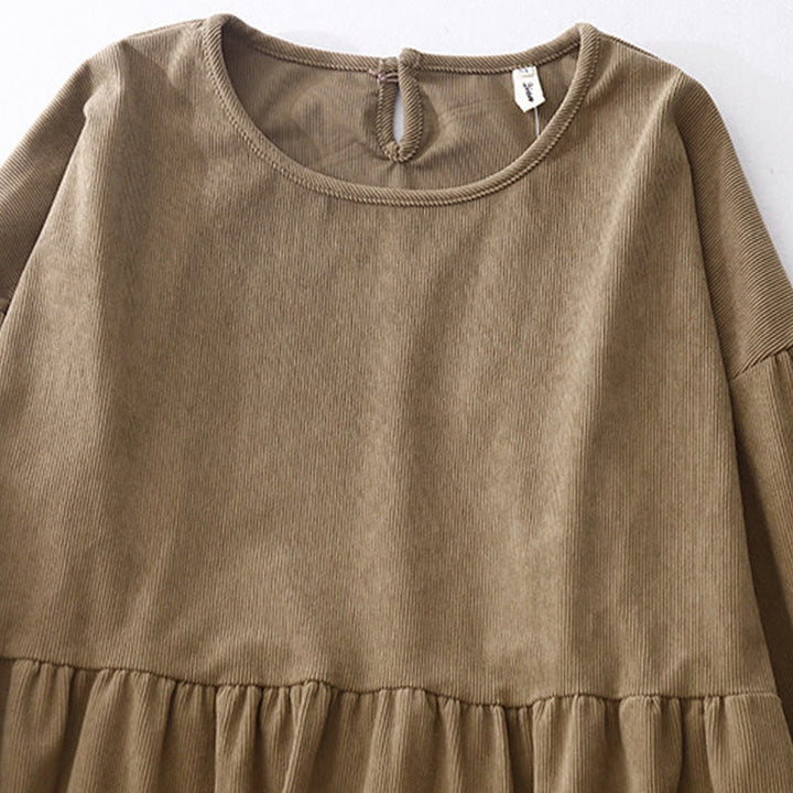 Buddha Stones Casual Tan Cotton Linen Corduroy Puff Long Sleeve Midi Dress - image 3