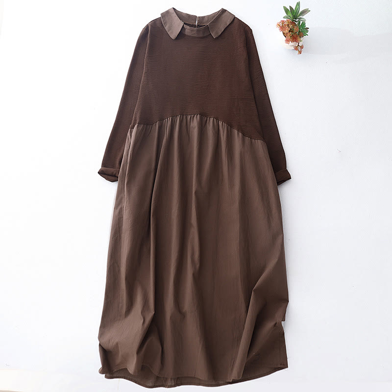 Buddha Stones Spring Plain Lapel Long Sleeve Midi Dress With Pockets - SaddleBrown - US8-10，UK/AU12-14，EU40-42 (2XL) - image 0