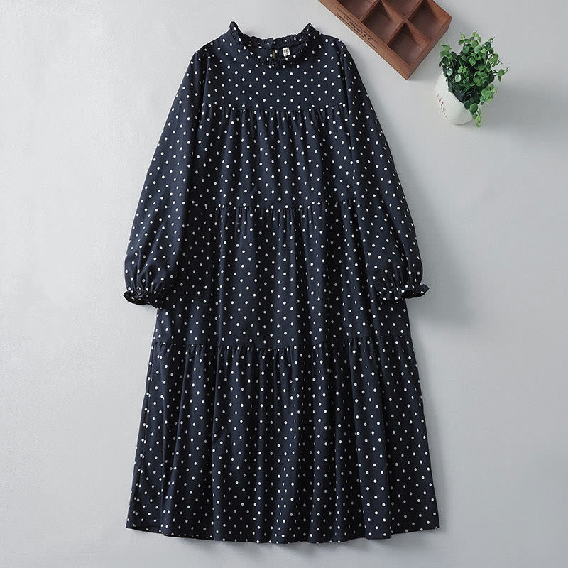 Buddha Stones Spring White Dot Pattern Ruffle Crew Neck Cotton Linen Midi Dress With Pockets - MidnightBlue - US12，UK/AU16，EU44 (2XL) - image 11