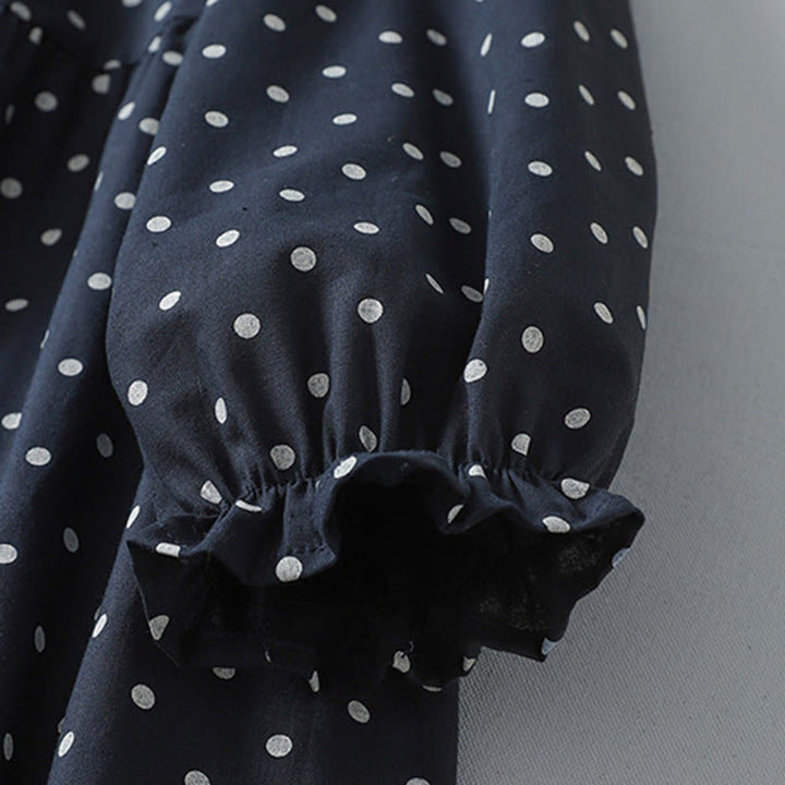 Buddha Stones Spring Dot Pattern Ruffle Crew Neck Long Sleeve Cotton Linen Midi Dress With Pockets - image 15