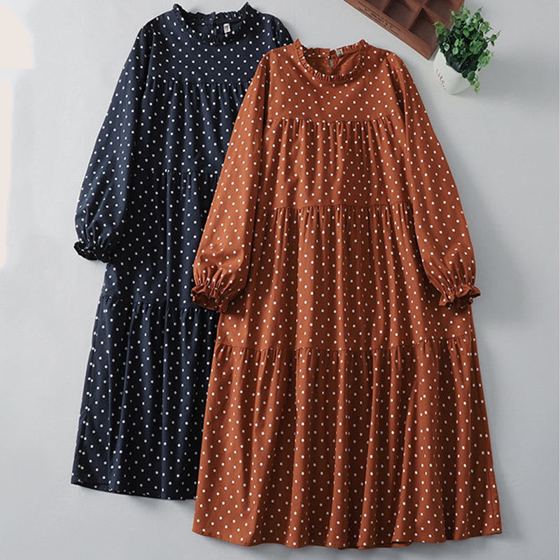 Buddha Stones Spring Dot Pattern Ruffle Crew Neck Long Sleeve Cotton Linen Midi Dress With Pockets - image 17