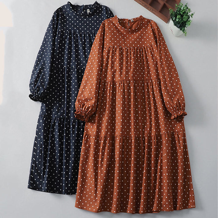 Buddha Stones Spring Dot Pattern Ruffle Crew Neck Long Sleeve Cotton Linen Midi Dress With Pockets - image 17