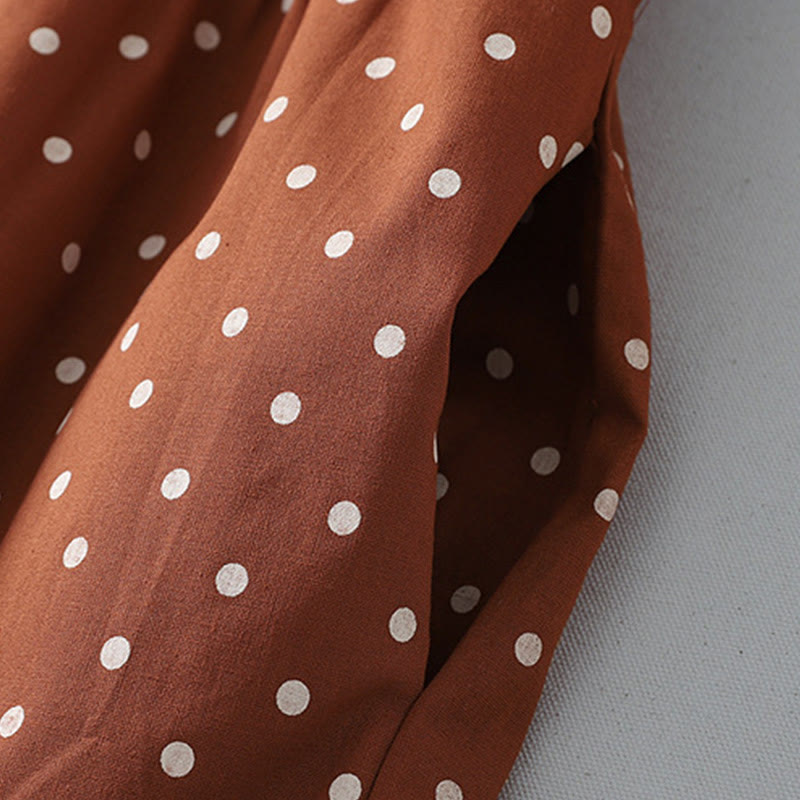 Buddha Stones Spring Dot Pattern Ruffle Crew Neck Long Sleeve Cotton Linen Midi Dress With Pockets - image 6