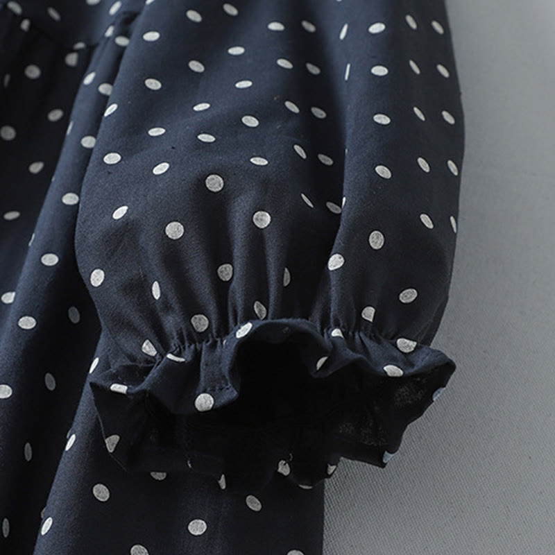 Buddha Stones Spring White Dot Pattern Ruffle Crew Neck Cotton Linen Midi Dress With Pockets - image 15