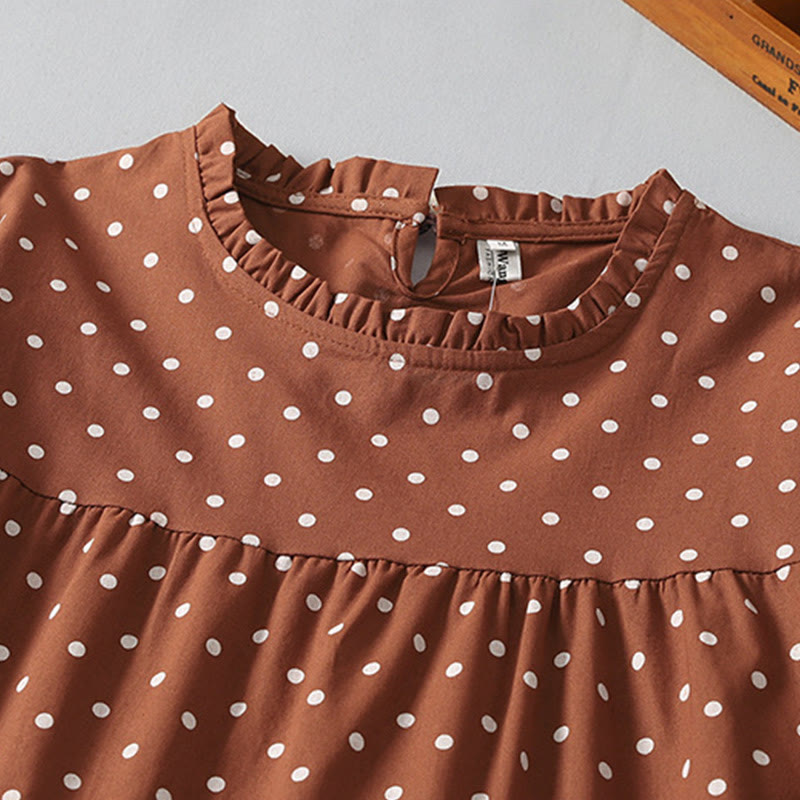 Buddha Stones Spring Dot Pattern Ruffle Crew Neck Long Sleeve Cotton Linen Midi Dress With Pockets - image 3
