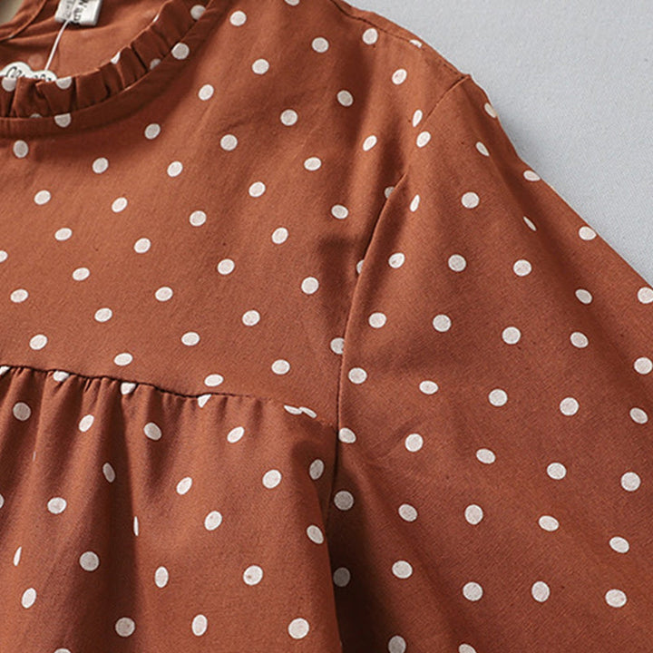 Buddha Stones Spring Dot Pattern Ruffle Crew Neck Long Sleeve Cotton Linen Midi Dress With Pockets - image 5