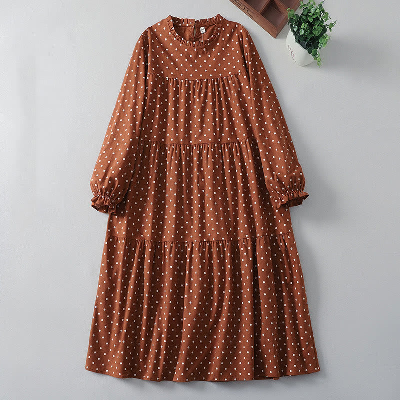 Buddha Stones Spring Dot Pattern Ruffle Crew Neck Long Sleeve Cotton Linen Midi Dress With Pockets - Chocolate - US12，UK/AU16，EU44 (2XL) - image 0