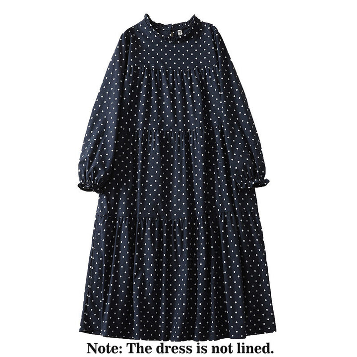 Buddha Stones Spring Dot Pattern Ruffle Crew Neck Long Sleeve Cotton Linen Midi Dress With Pockets - image 11