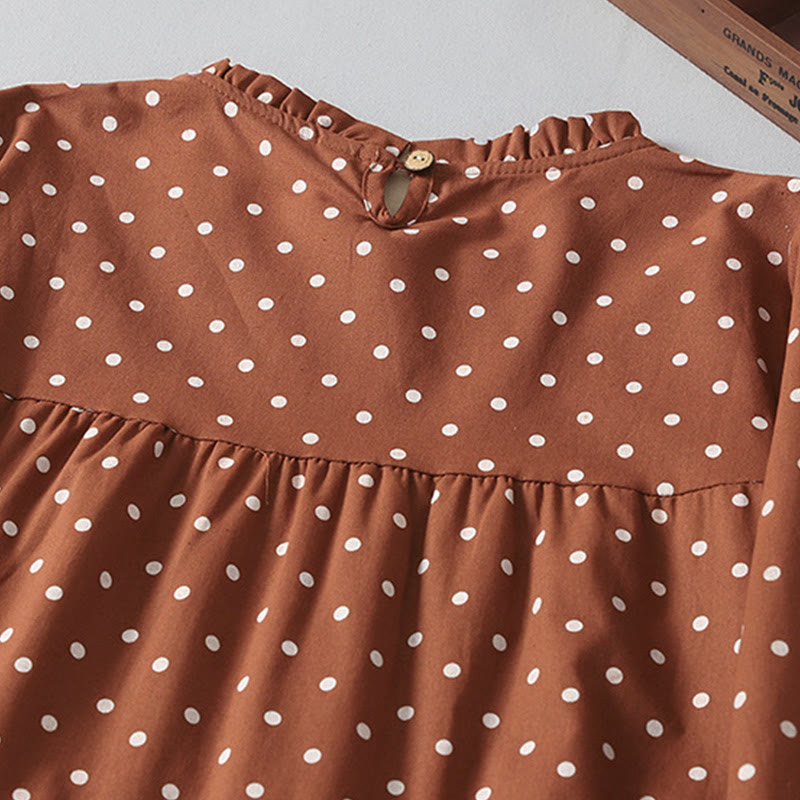 Buddha Stones Spring Dot Pattern Ruffle Crew Neck Long Sleeve Cotton Linen Midi Dress With Pockets - image 4