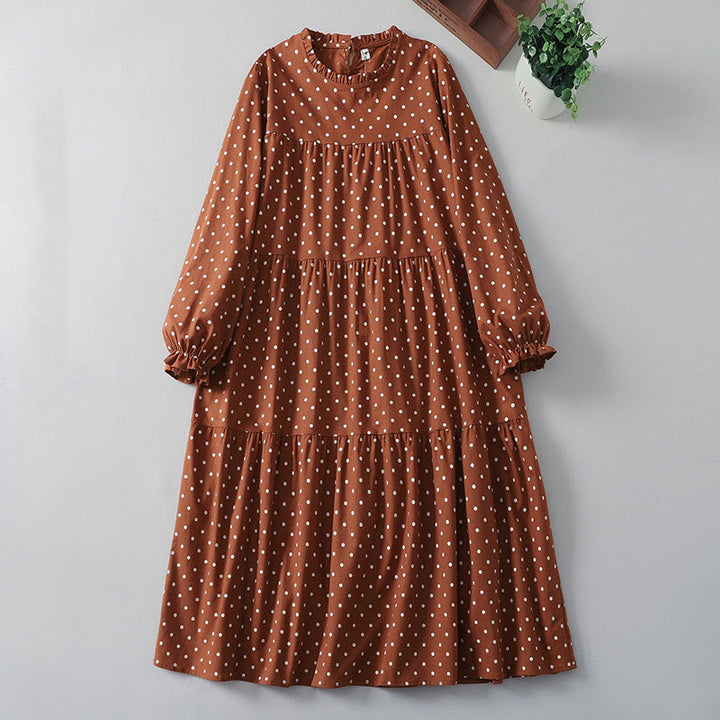 Buddha Stones Spring White Dot Pattern Ruffle Crew Neck Cotton Linen Midi Dress With Pockets - Chocolate - US12，UK/AU16，EU44 (2XL) - image 1