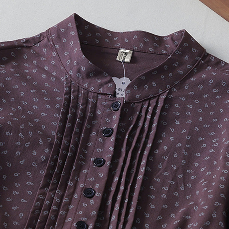 Buddha Stones Printing Floral Accordion Pleats Cotton Linen Long Sleeve Midi Dress With Pockets - image 8