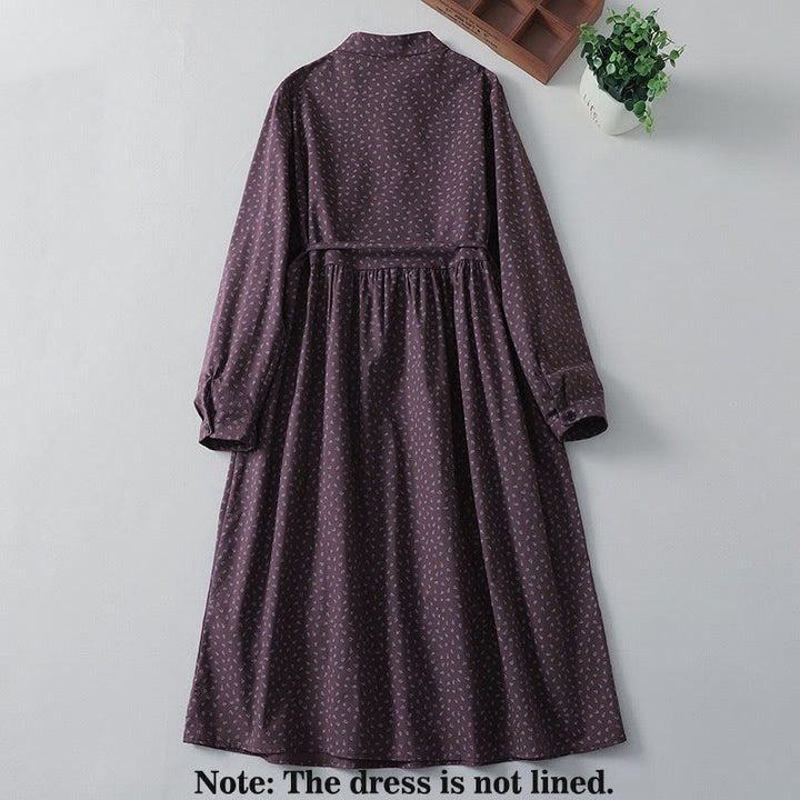 Buddha Stones Printing Floral Accordion Pleats Cotton Linen Long Sleeve Midi Dress With Pockets - image 8