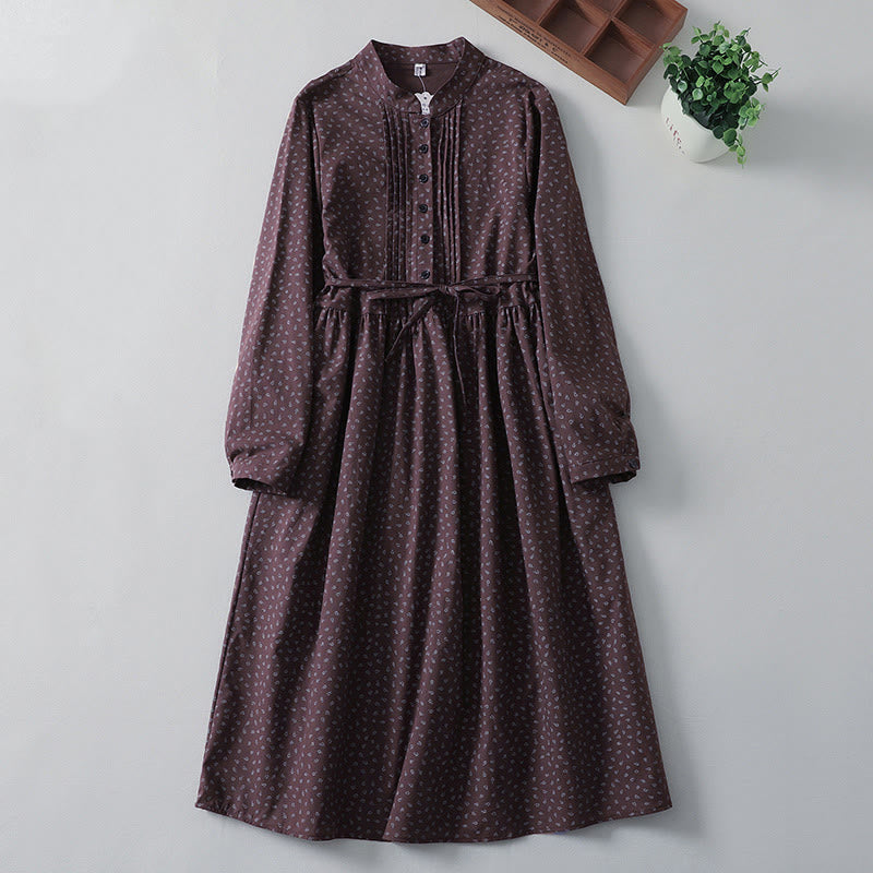 Buddha Stones Printing Floral Accordion Pleats Cotton Linen Long Sleeve Midi Dress With Pockets - DarkMagenta - US8-10，UK/AU12-14，EU40-42 (2XL) - image 6