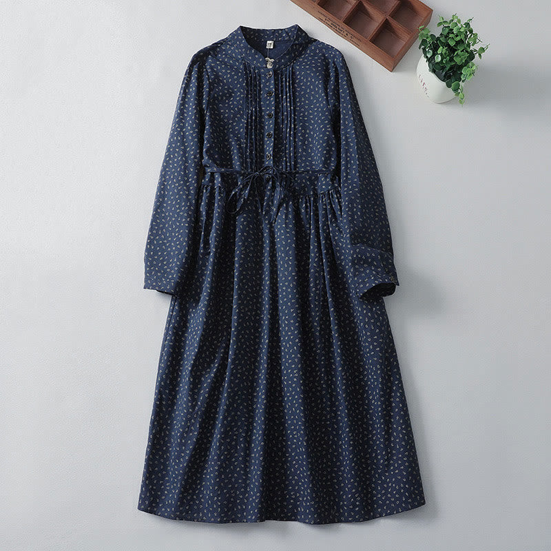 Buddha Stones Printing Floral Accordion Pleats Cotton Linen Long Sleeve Midi Dress With Pockets - MidnightBlue - US8-10，UK/AU12-14，EU40-42 (2XL) - image 0