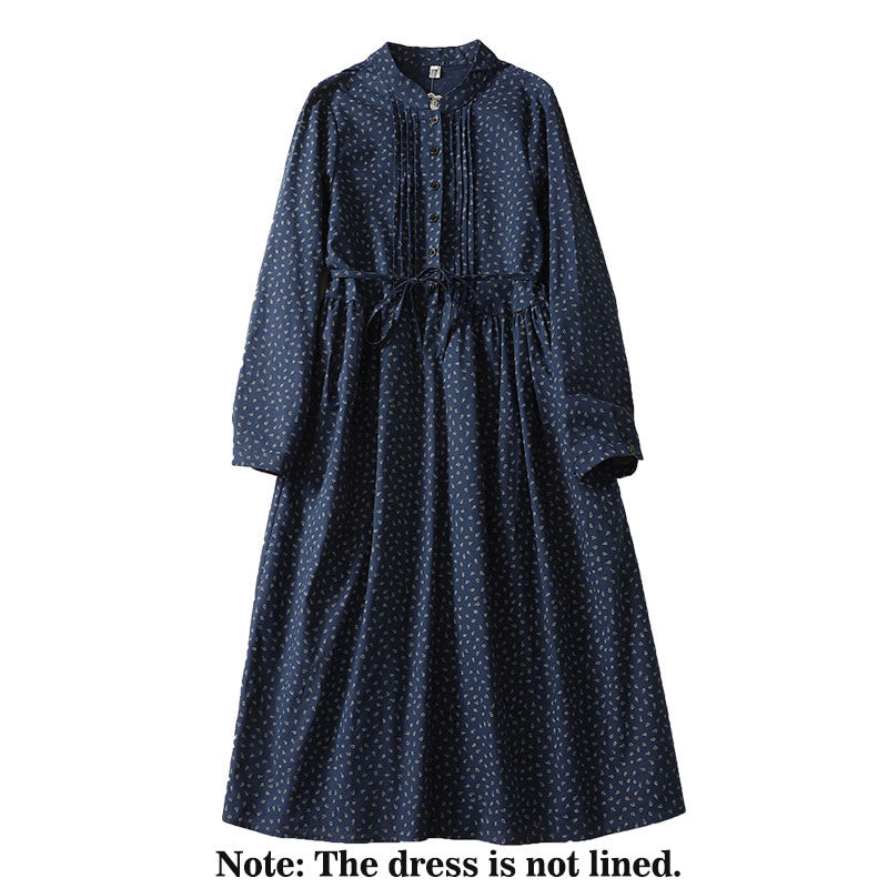 Buddha Stones Printing Floral Pattern Accordion Pleats Design Cotton Linen Midi Dress With Pockets - image 2