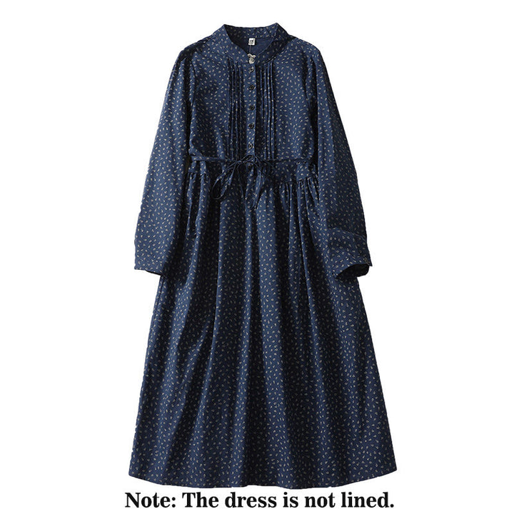Buddha Stones Printing Floral Pattern Accordion Pleats Design Cotton Linen Midi Dress With Pockets - image 2