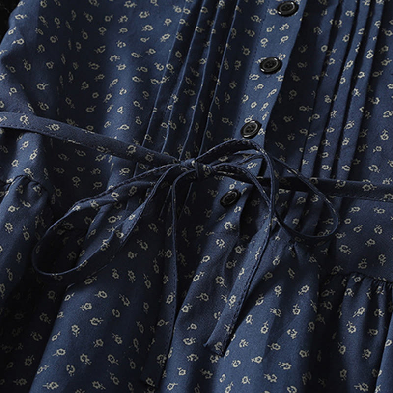 Buddha Stones Printing Floral Accordion Pleats Cotton Linen Long Sleeve Midi Dress With Pockets - image 3