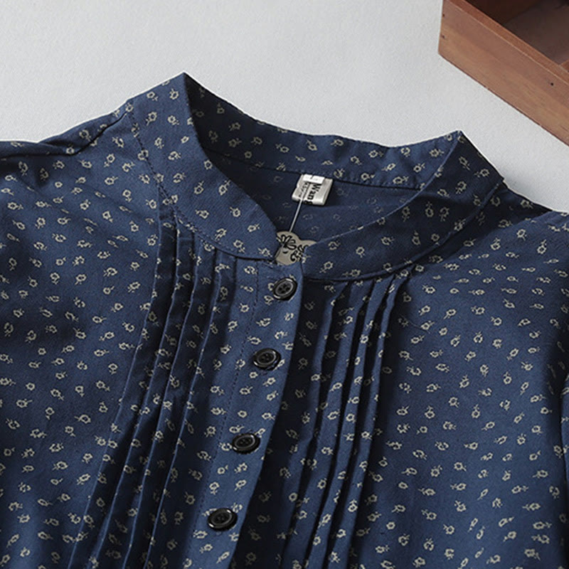 Buddha Stones Printing Floral Accordion Pleats Cotton Linen Long Sleeve Midi Dress With Pockets - image 2