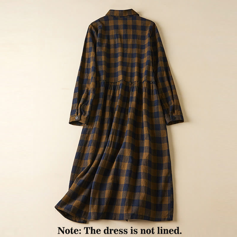 Buddha Stones Casual Contrast Color Plaid Buttons Design Cotton Linen Midi Dress With Pockets - image 2