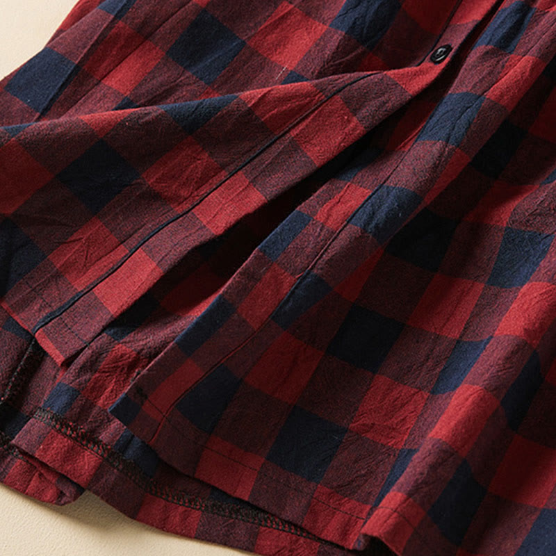 Buddha Stones Casual Contrast Color Plaid Buttons Design Cotton Linen Midi Dress With Pockets - image 21