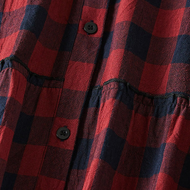 Buddha Stones Casual Contrast Color Plaid Buttons Design Cotton Linen Midi Dress With Pockets - image 15