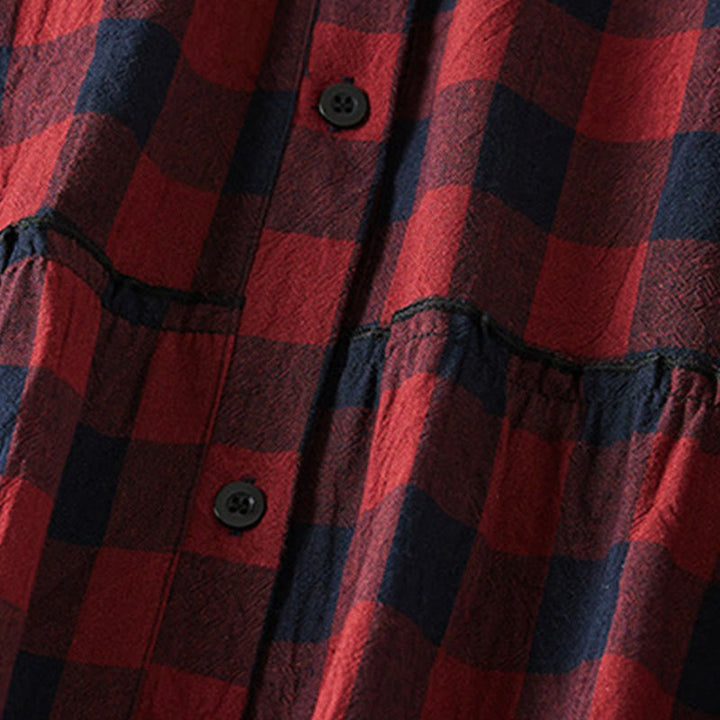 Buddha Stones Casual Contrast Color Plaid Buttons Design Cotton Linen Midi Dress With Pockets - image 15