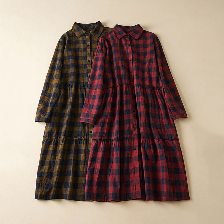 Buddha Stones Casual Contrast Color Plaid Buttons Design Cotton Linen Midi Dress With Pockets - image 22