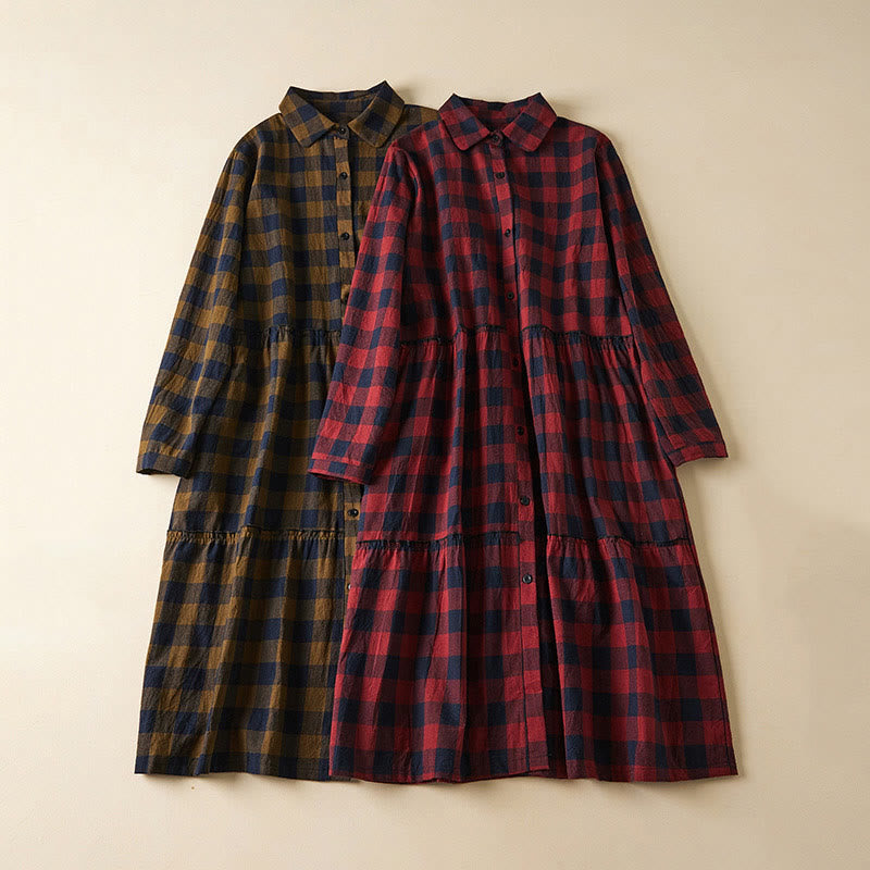 Buddha Stones Contrast Color Plaid Buttons Design Cotton Linen Long Sleeve Midi Dress With Pockets - image 22