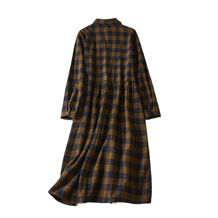 Buddha Stones Casual Contrast Color Plaid Buttons Design Cotton Linen Midi Dress With Pockets - image 11