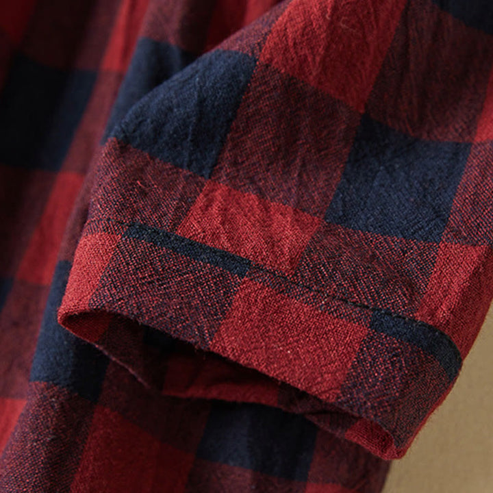 Buddha Stones Casual Contrast Color Plaid Buttons Design Cotton Linen Midi Dress With Pockets - image 20