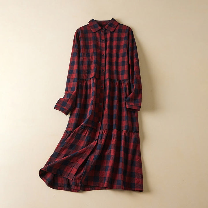 Buddha Stones Casual Contrast Color Plaid Buttons Design Cotton Linen Midi Dress With Pockets - Crimson - US8-10，UK/AU12-14，EU40-42 (2XL) - image 12