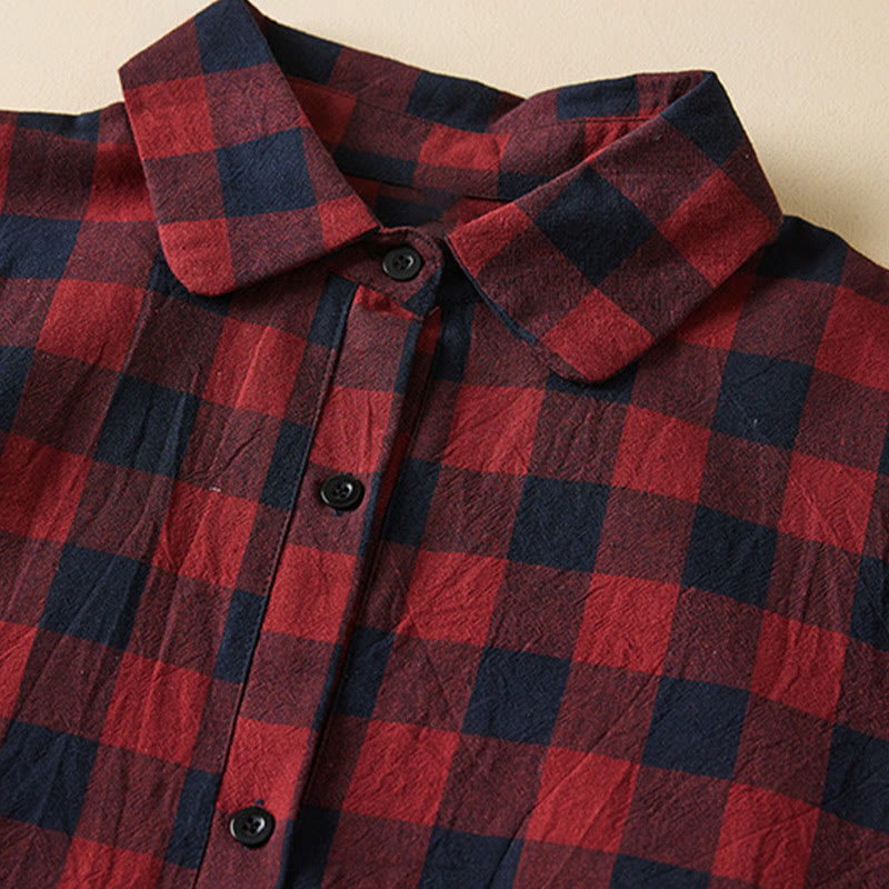 Buddha Stones Contrast Color Plaid Buttons Design Cotton Linen Long Sleeve Midi Dress With Pockets - image 13