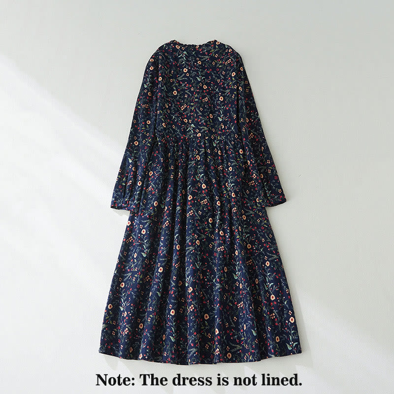 Buddha Stones Ethnic Printing Floral Lace-Up Design Long Sleeve Cotton Linen Midi Dress - image 1