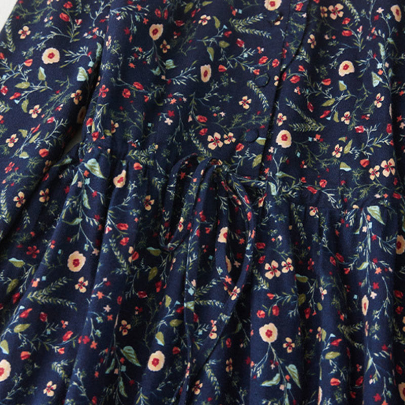 Buddha Stones Ethnic Printing Floral Lace-Up Design Cotton Linen Midi Dress - image 5
