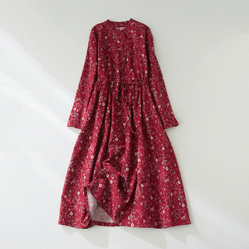 Buddha Stones Ethnic Printing Floral Lace-Up Design Long Sleeve Cotton Linen Midi Dress - Crimson - US8-10，UK/AU12-14，EU40-42 (2XL) - image 8