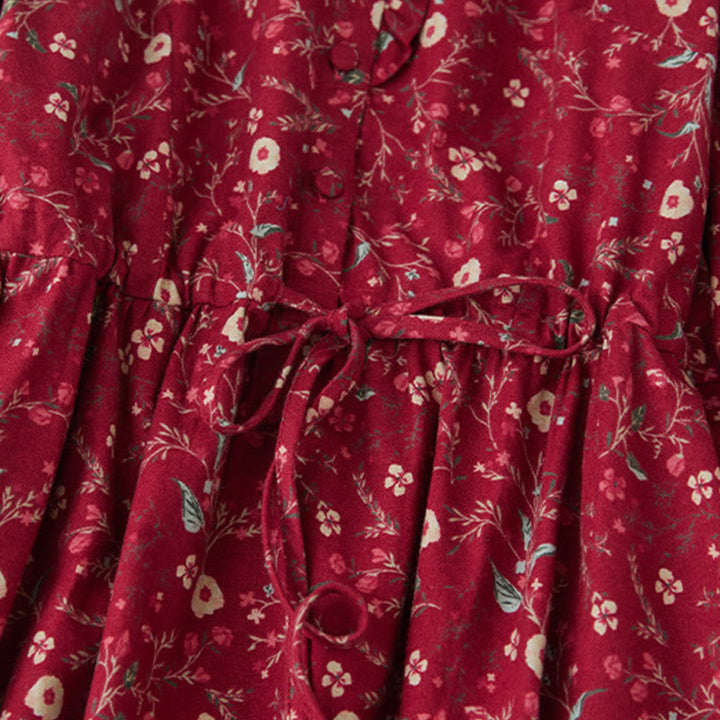 Buddha Stones Ethnic Printing Floral Lace-Up Design Cotton Linen Midi Dress - image 14