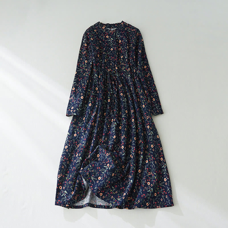 Buddha Stones Ethnic Printing Floral Lace-Up Design Long Sleeve Cotton Linen Midi Dress - MidnightBlue - US8-10，UK/AU12-14，EU40-42 (2XL) - image 1
