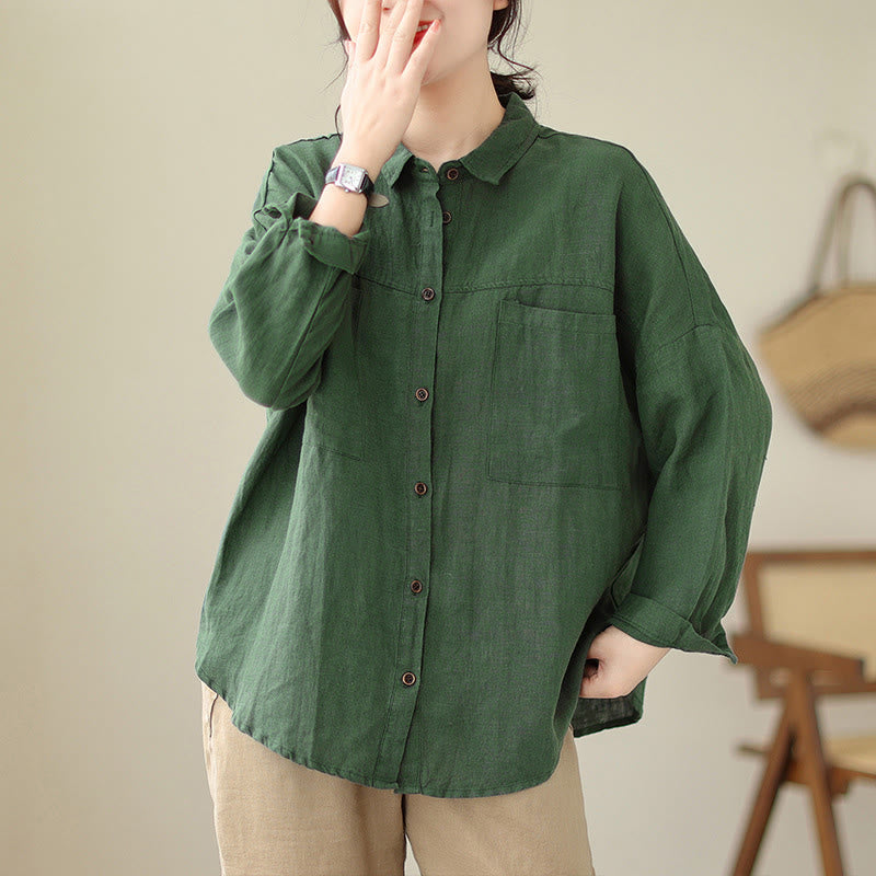 Buddha Stones Casual Plain Women's Cotton Linen Long Sleeve Shirt - SeaGreen - US14，UK/AU18，EU46 (2XL) - image 0