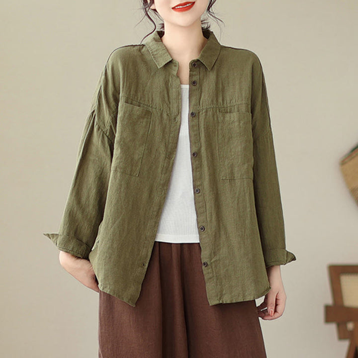 Buddha Stones Casual Plain Women's Cotton Linen Long Sleeve Shirt - image 18