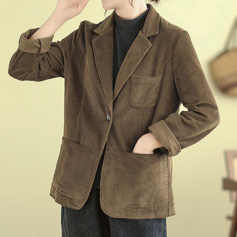 Buddha Stones Retro Plain Women's Cotton Corduroy Blazer Jacket With Pockets - image 2