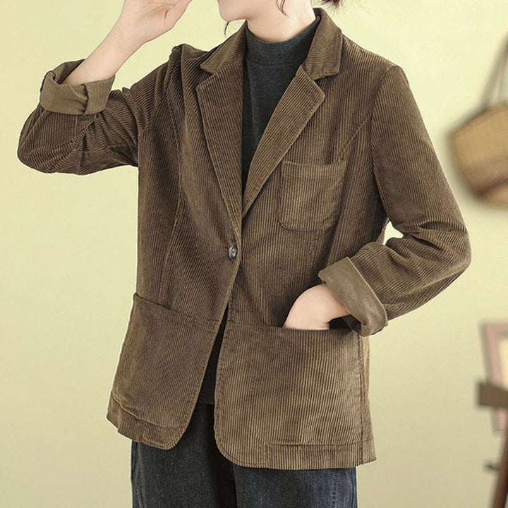 Buddha Stones Retro Plain Women's Cotton Corduroy Blazer Jacket With Pockets - image 2
