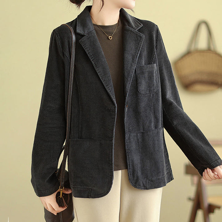 Buddha Stones Retro Plain Women's Cotton Long Sleeve Corduroy Jacket With Pockets - image 15