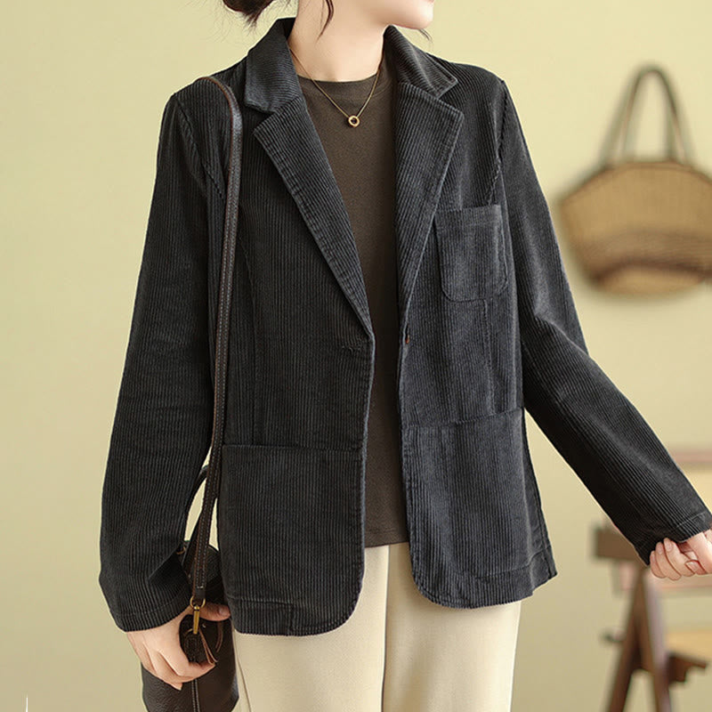 Buddha Stones Retro Plain Women's Long Sleeve Corduroy Jacket With Pockets - image 14