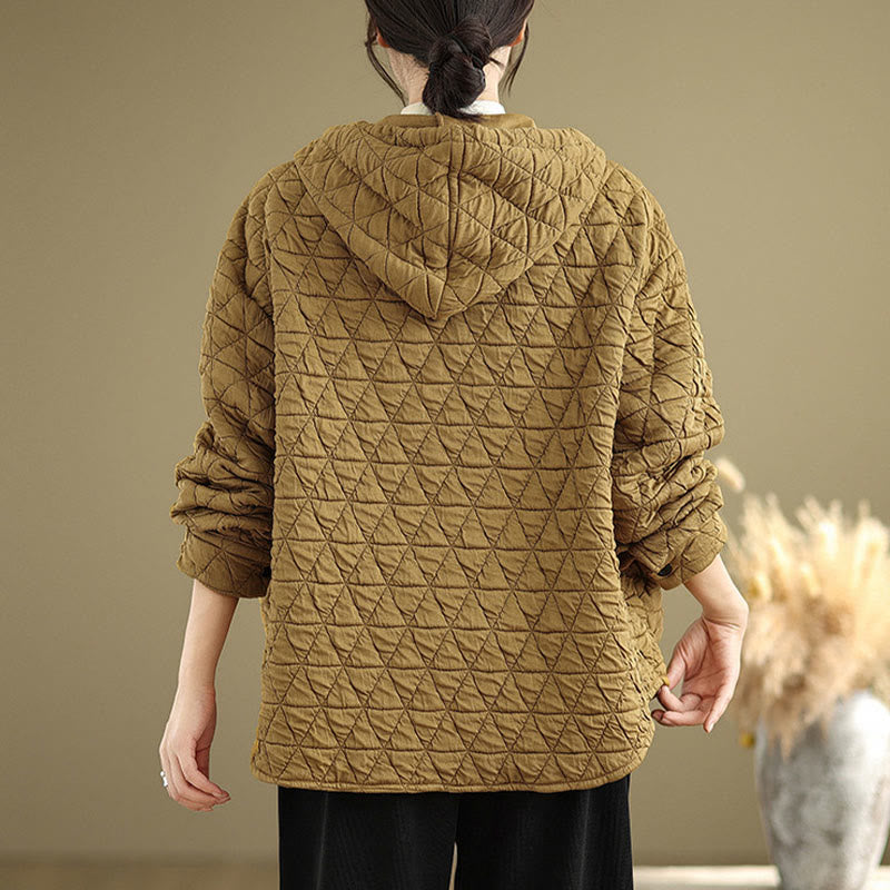 Buddha Stones Retro Rhombic Pattern Women's Acrylic Hooded Jacket With Pockets - image 6